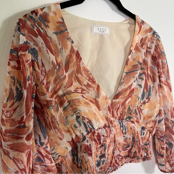 Anthropologie x Sage the Label Boho Smocked V Neck Blouse Cropped Size Small - Picture 3 of 10